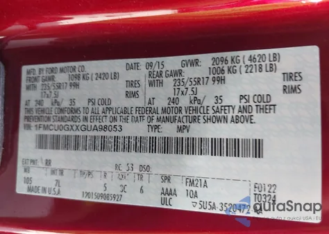 2016 Ford Escape Se из США, поврежденный, VIN 1FMCU0GXXGUA98053